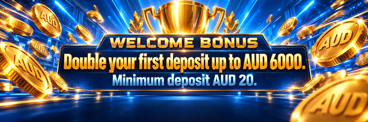 A polished trophy and oversized currency coins float over a vivid blue casino background with a prominent welcome bonus panel.