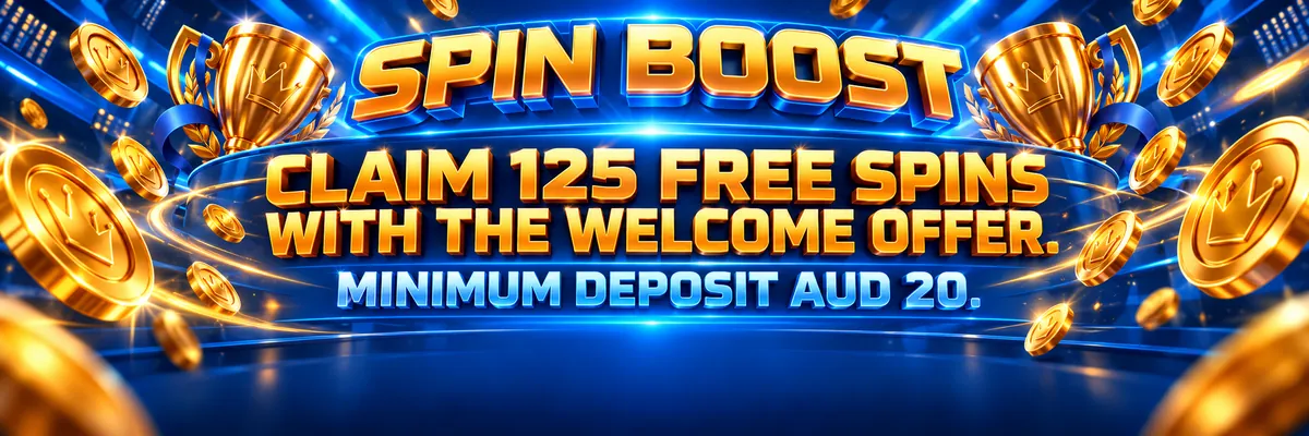 Glowing metallic coins orbit a bright free-spins promotion panel beside a large trophy.